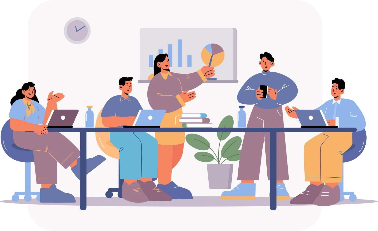 illustrazione di omini in una classe che seguono un corso tenuto da una donna che indica un grafico alla lavagna. gli altri quattro omini prendono appunti con pc e cellulare